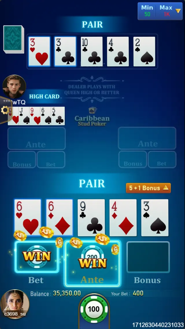 Caribbean Stud Poker game interface screenshot 2